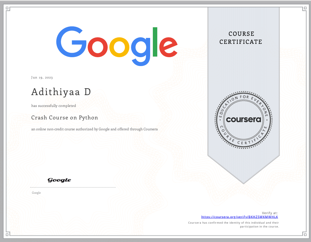  Crash Course on Python Certificate