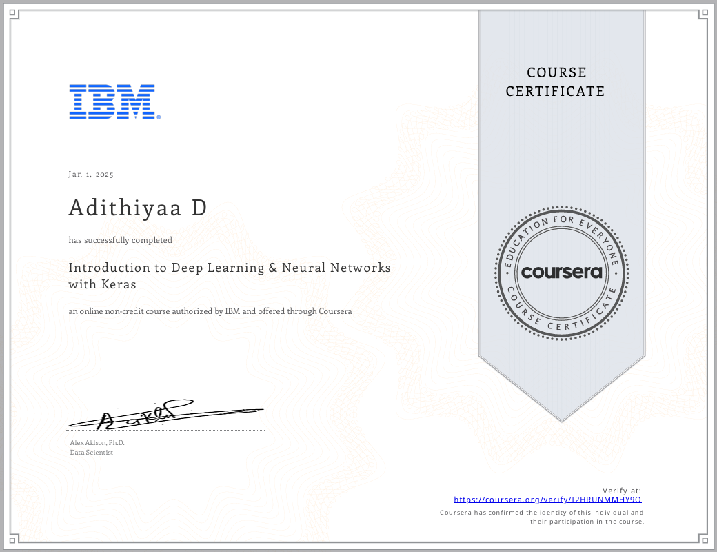Introduction to Deep Learning & Neural Networks with Keras Certificate